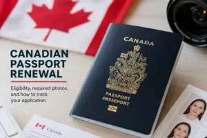 Passaporte canadense com bandeira ao fundo e lente fotográfica