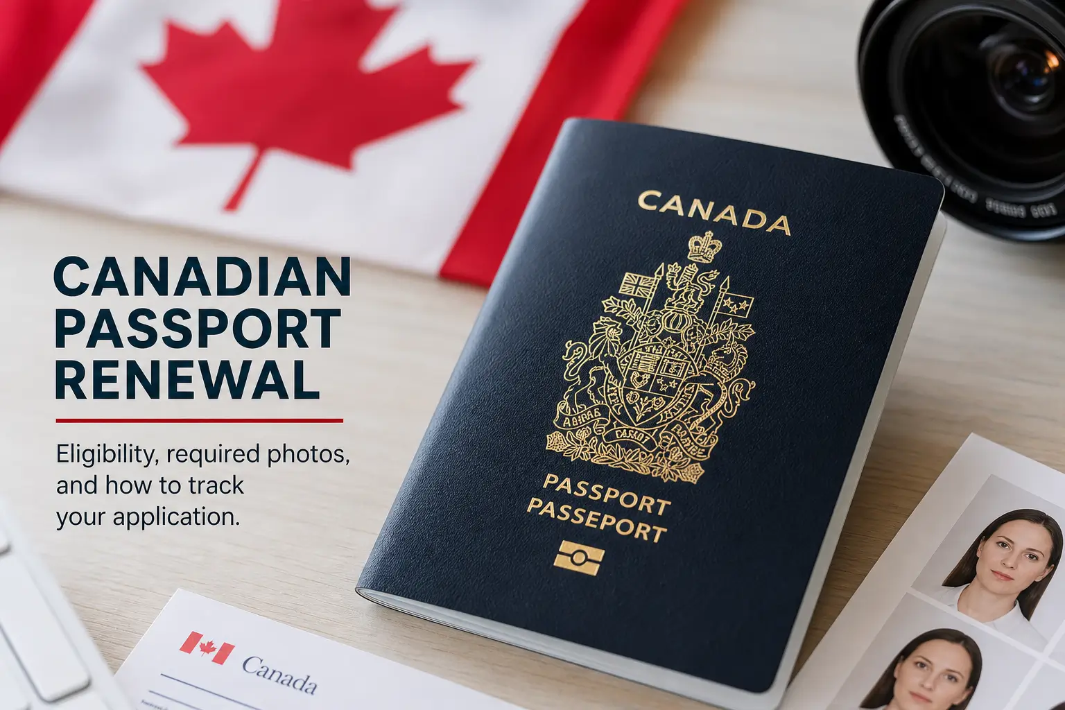 Passaporte canadense com bandeira ao fundo e lente fotográfica