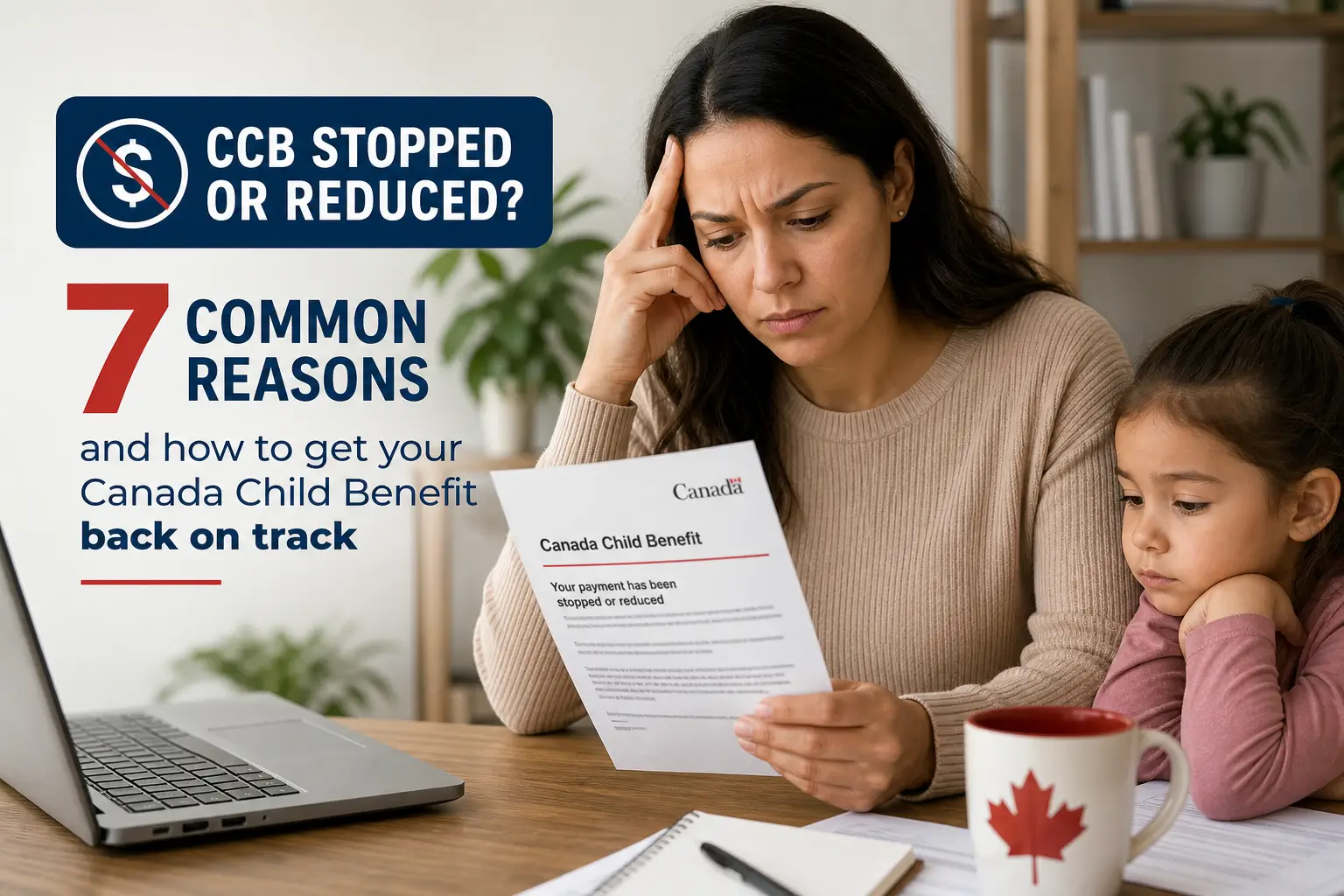 Mulher preocupada lendo carta sobre o Canada Child Benefit