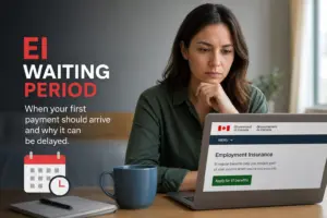 Mulher com laptop sobre Seguro-Desemprego do Canadá, pensativa