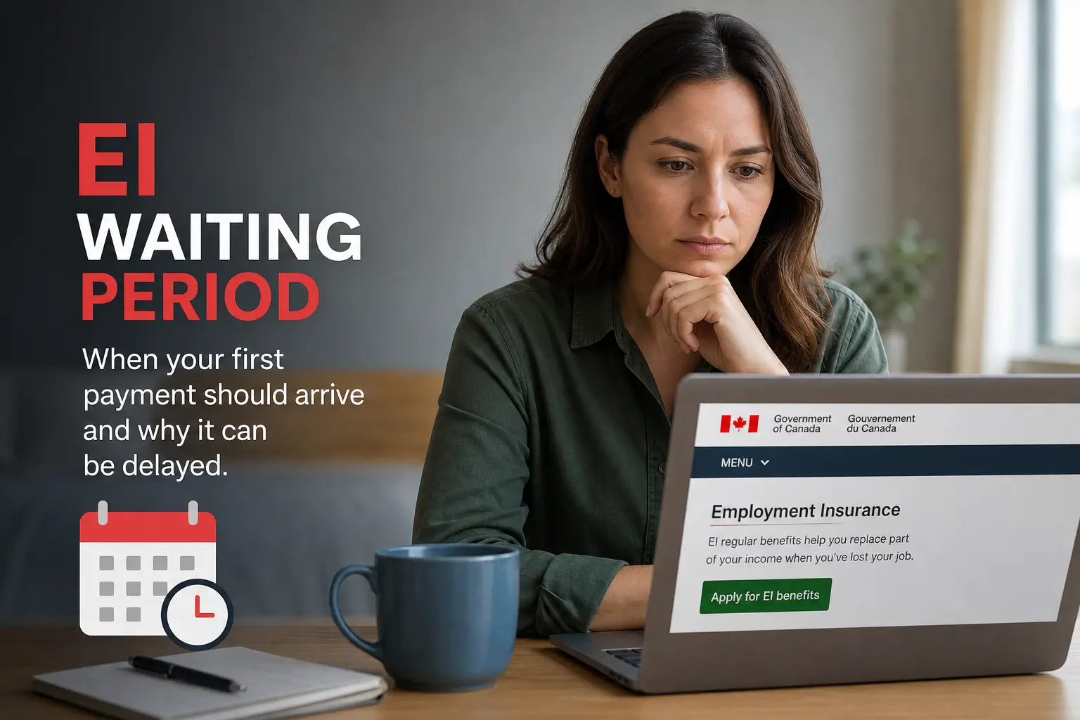 Mulher com laptop sobre Seguro-Desemprego do Canadá, pensativa
