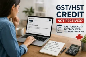 Pessoa acessando site de crédito GST/HST no laptop