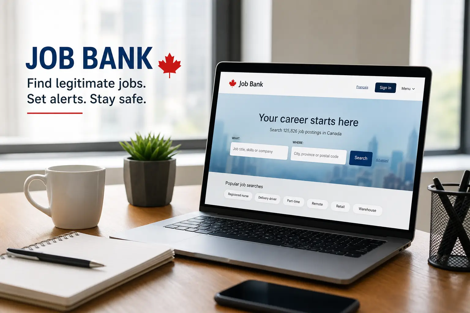 Computador exibe site Job Bank para pesquisa de empregos no Canadá