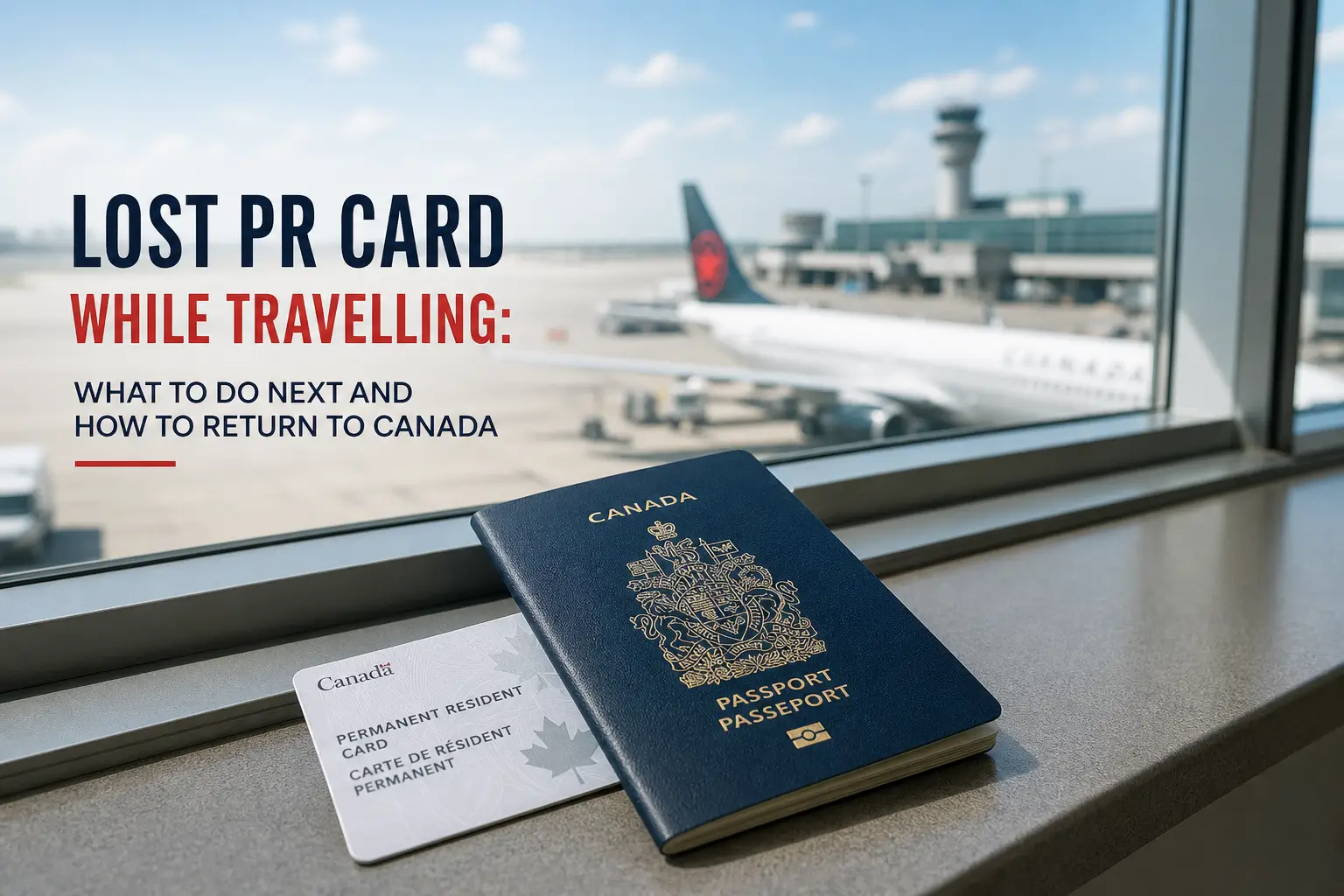 passaporte canadense e PR card em terminal de aeroporto
