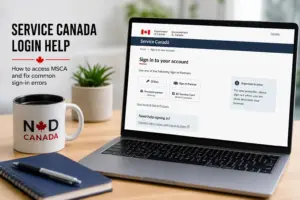 Site do Service Canada Login em um laptop com opções de acesso