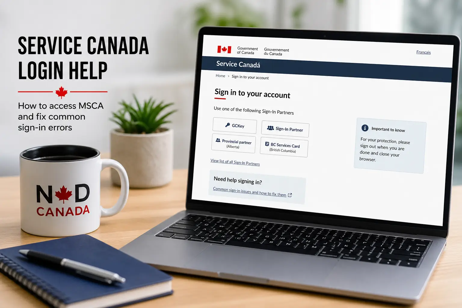 Site do Service Canada Login em um laptop com opções de acesso