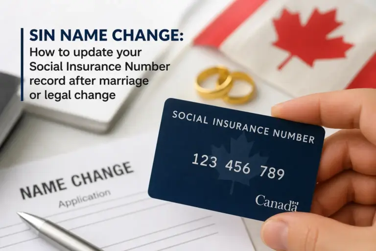 Carteira de Seguro Social canadense e papéis com folha de bordo